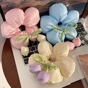 Cute Flower Scrunchie Hair Tie, Kawaii Satin Floral Hair Accessory, Pastel Aesthetic Ponytail Holder, Coquette Style Hair Scrunchie Gift For Girls Women