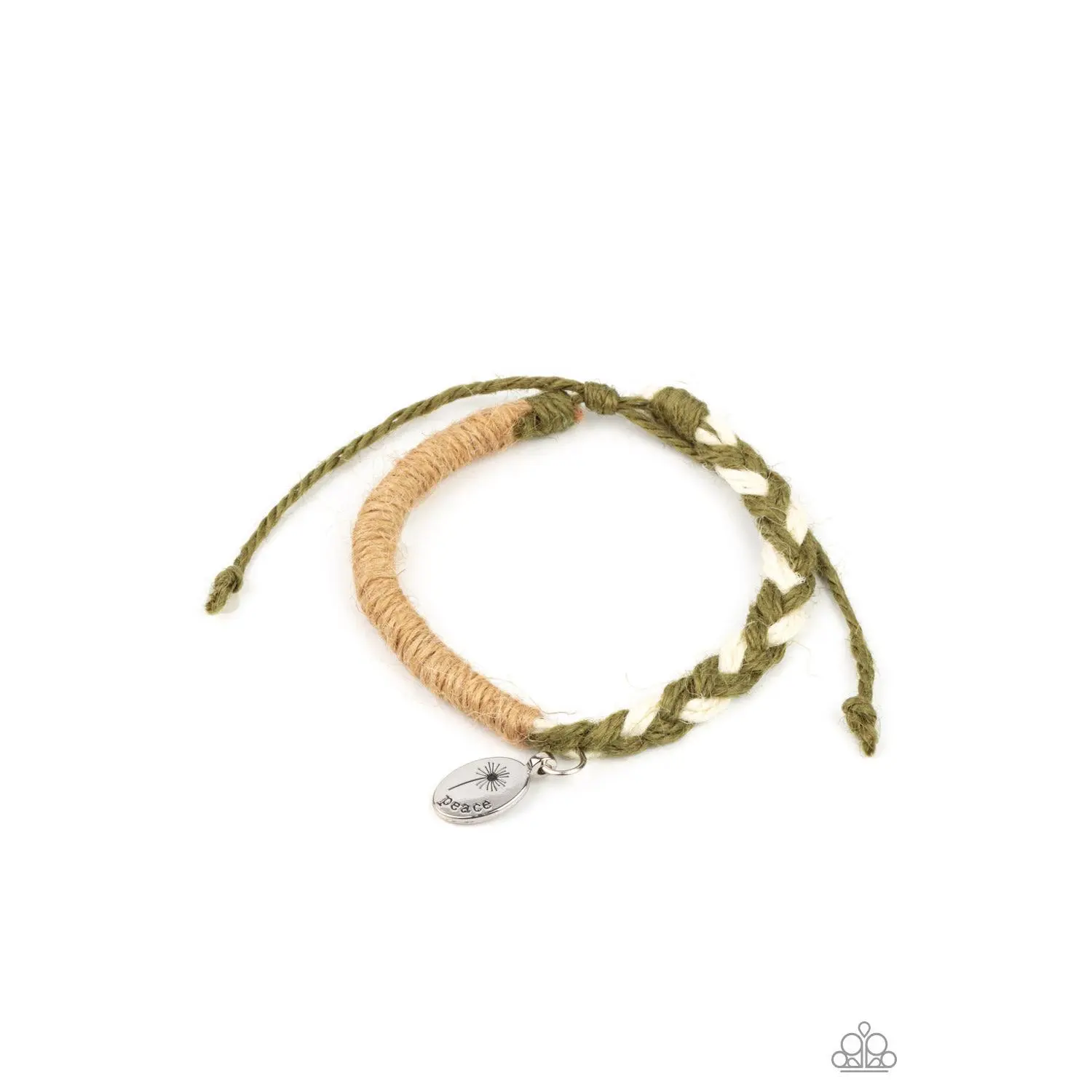 Unisex Homespun Braided Twine Bracelet with Dandelion "Peace" Charm - Green & Brown, Adjustable Size Pull-On Design, 1-Size Sliding Knot, 1-Piece Casual Costume Jewelry