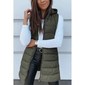 Women's Long Vest Solid Color Sleeveless Hooded Winter Down Vest Jacket Casual Womenswear