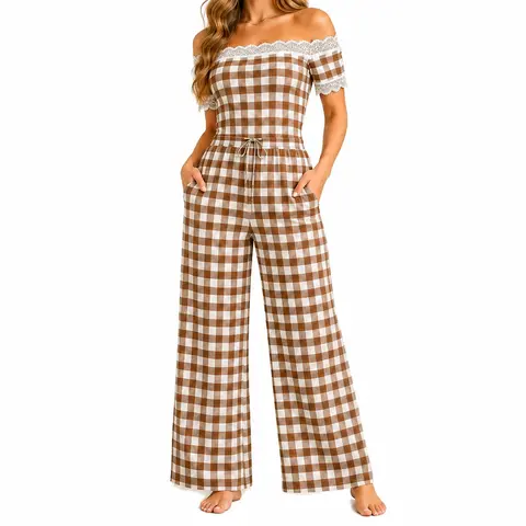 GLAMONIQUE Women's 2-Piece Boho Print Knit Matching Set - Off-Shoulder V-Neck Crop Top, High-Waist Wide-Leg Pocket Pants, Stretchy Summer Outfit for Vacation, Everyday Wear, Women 2 Piece Sets