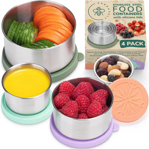 EVERUSELY Stackable Reusable Stainless Steel Kitchen Storage Containers Set - 4-Pack 4 Sizes, Airtight Leakproof Silicone Lids, Color-Coded, Food-Safe, Dishwasher/Freezer Safe, Durable 3 oz Reusable Lunch Containers for Busy Families & Active Lifestyles