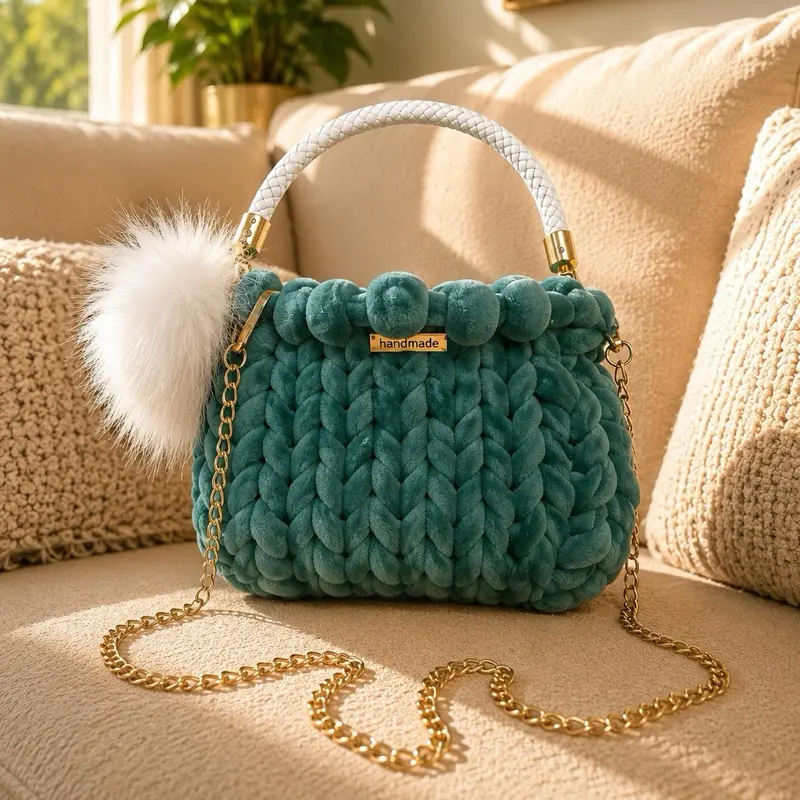 Luxe Mint Green Chunky Knit Handbag with Gold Crossbody Chain