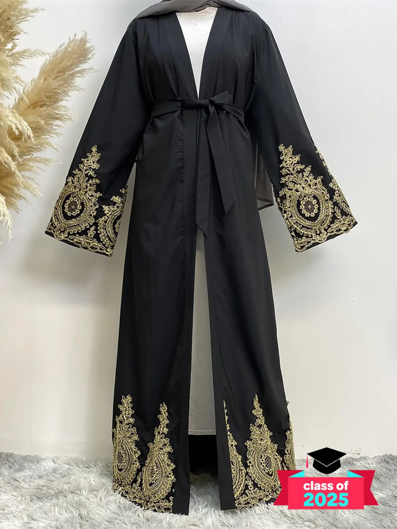 Women's Ethnic Pattern Long Sleeve Abaya, Elegant Tie Waist Abaya for Daily Wear, Ladies Islamic Clothing for All Seasons