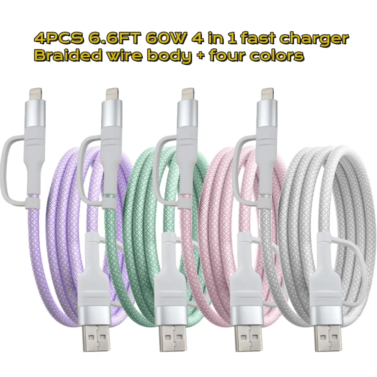 Aioneus 4Pcs 6.6FT 4-in-1 Multi USB 60W Charging Cable, Family sharing pack, family charger set, christmas gift, black friday