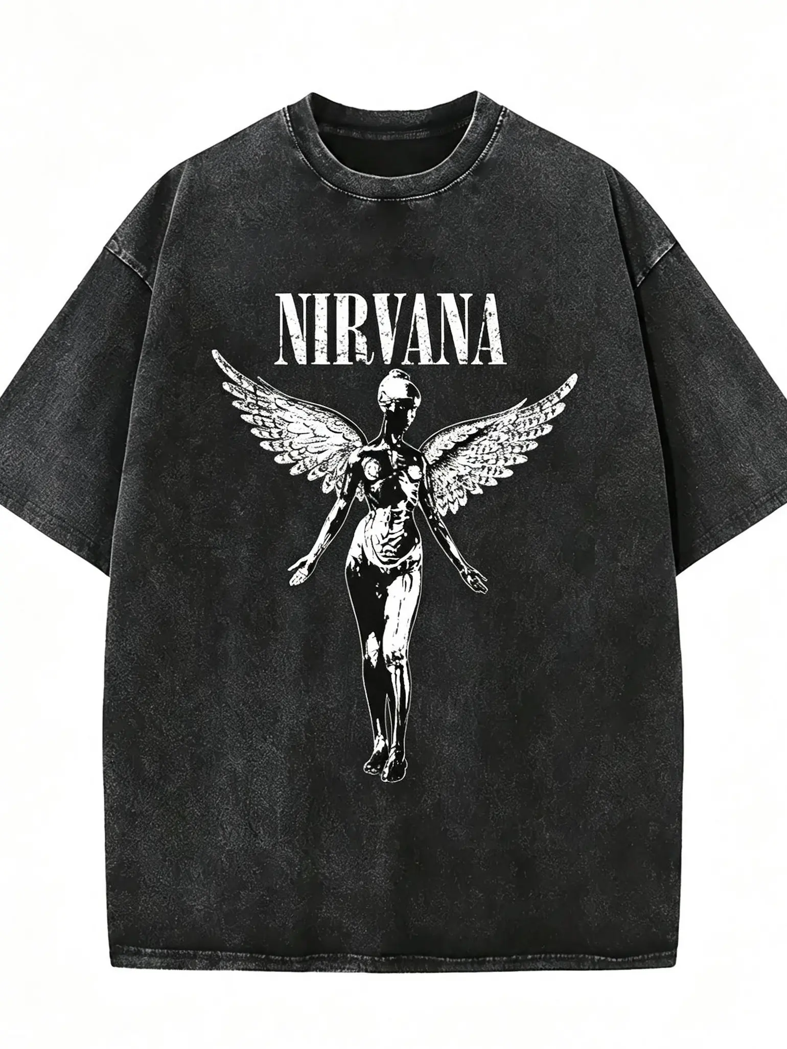 Vintage-wash Nirvana Angel graphic T-shirt; a loose-fitting, 90s grunge-rock style tee—perfect as a gift for music fans.