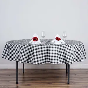 Polyester Round Tablecloth 90" White/Black Checkered Buffalo Plaid Table Cover