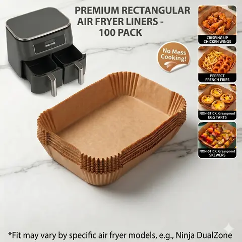 100 Count Rectangular Air Fryer Paper Liners, 8.7 x 5.5 in Base, for Compatible Dual-Basket Air Fryers ，Packing with Storage Case, Grease-Proof Bakeware Utensils, Compatible with Dual-Zone Air Fryers & Ovens