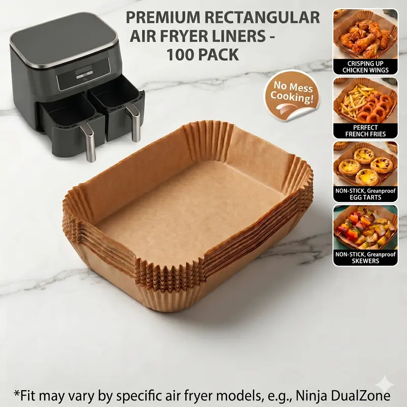 100 Count Rectangular Air Fryer Paper Liners, 8.7 x 5.5 in Base, for Compatible Dual-Basket Air Fryers ，Packing with Storage Case, Grease-Proof Bakeware Utensils, Compatible with Dual-Zone Air Fryers & Ovens