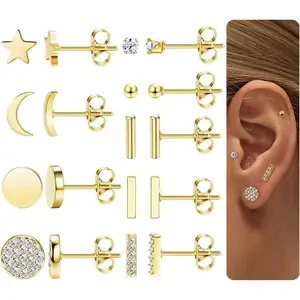 YADOCA 9 Pairs Stainless Steel Stud Earrings for Women Star Moon Bar CZ Earring Stud Sets Cute Hypoallergenic Small Stud Earring