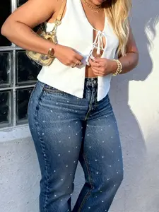 Plus Size Rhinestone Decorated Fashion Elegance Wide Leg Jeans Trouser High Elastic Washed High Waist Long Pants for Women Casual All Season Wear