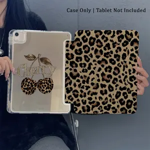 Leopard Print & Cherry Pattern Protective Case - Featuring an Adjustable Stand and Built-in Pen Slot. Foldable, Non-slip TPU Cover Compatible with Samsung, iPad mini, iPad Air, iPad Pro, iPad (10th & 11th Gen), and Other iPad Series.