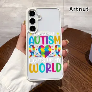Magnetic Phone Case Supports Wireless Charging Compatible with Samsung Galaxy S23 Ultra S24 Plus S26 S25 S22+ FE Autism Heart Puzzle Pattern Non-Yellowing Shockproof Soft Silicone Transparent Acrylic Cover.