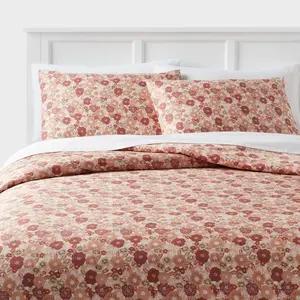 Full/Queen Printed Easy Care Duvet Cover and Sham Set Copper/Light Pink Floral - Room Essentials
