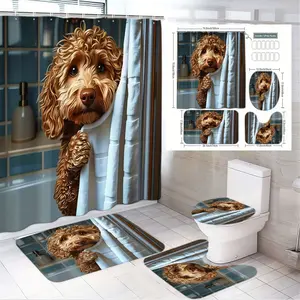 4pcs Holiday Bathroom Decor Shower Curtain Set Featuring Realistic Brown Curly Dog Peeking Through Blue Curtain Design with Matching Toilet Seat Cover and Floor Mats, Festive Pet Lover Gift for Seasonal Home Makeover