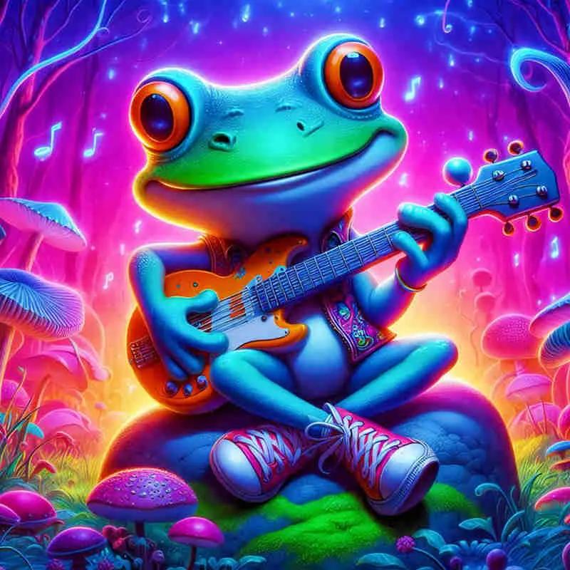 Neon Rock Frog Guitar Magical Mushroom Forest 5D Full Drill Diamond Painting Kit Psychedelic Design with Shimmering Glowing Frog and Music Note Accents Fantasy Music Art Style DIY Art For Home Wall Decor Ideal Gift For Music And Craft Enthusiasts