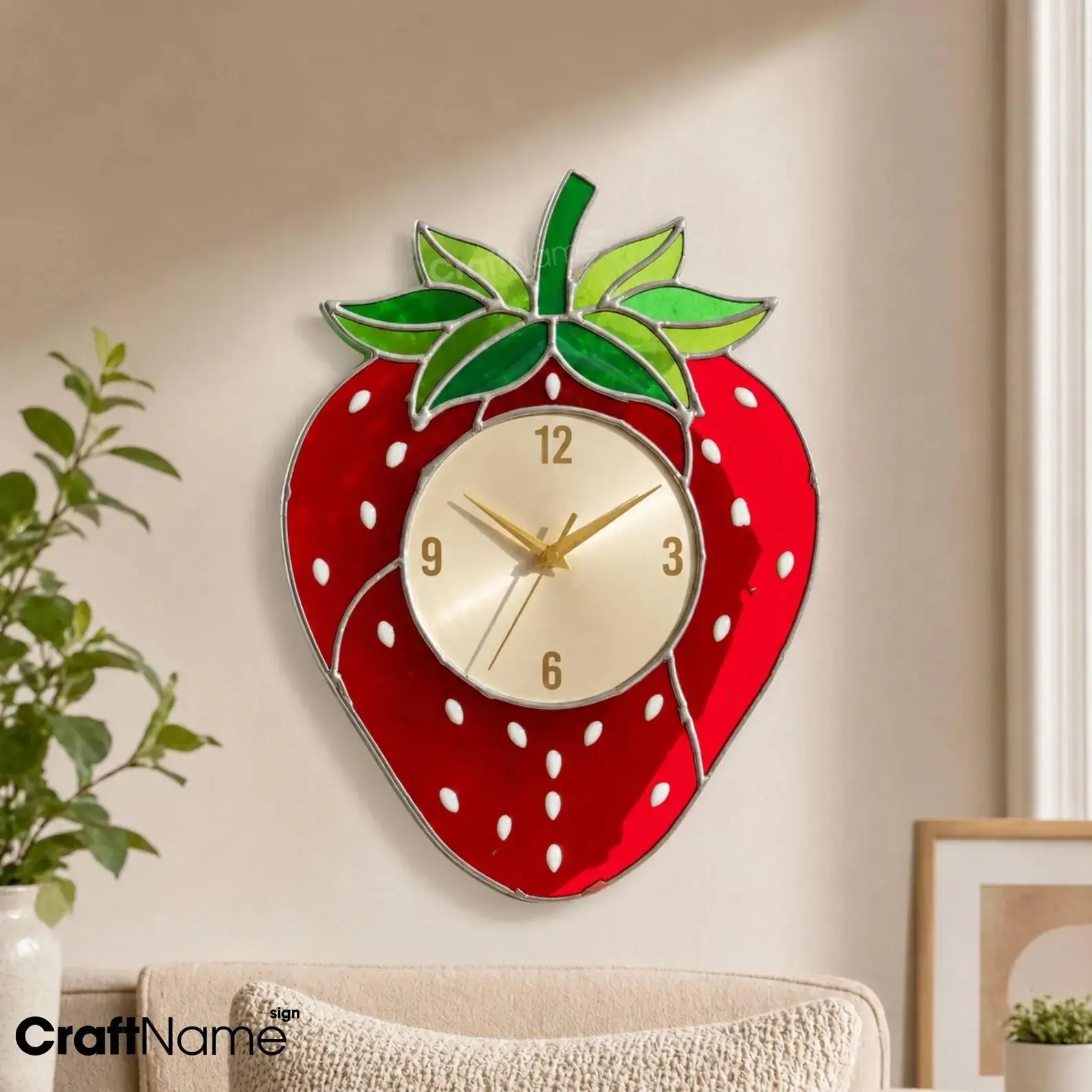CraftNameSign Strawberry Stained Glass Wall Clock, Cute Fruit Kitchen Decor, Silent Quartz Clock, Farmhouse Home Accent, Strawberry Lover Gift, 10–14 Inches