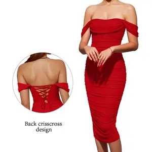 OYS Women's Summer Off Shoulder Ruched Criss Cross Elegant Sexy Bodycon Homecoming Cocktail Party Midi Dress