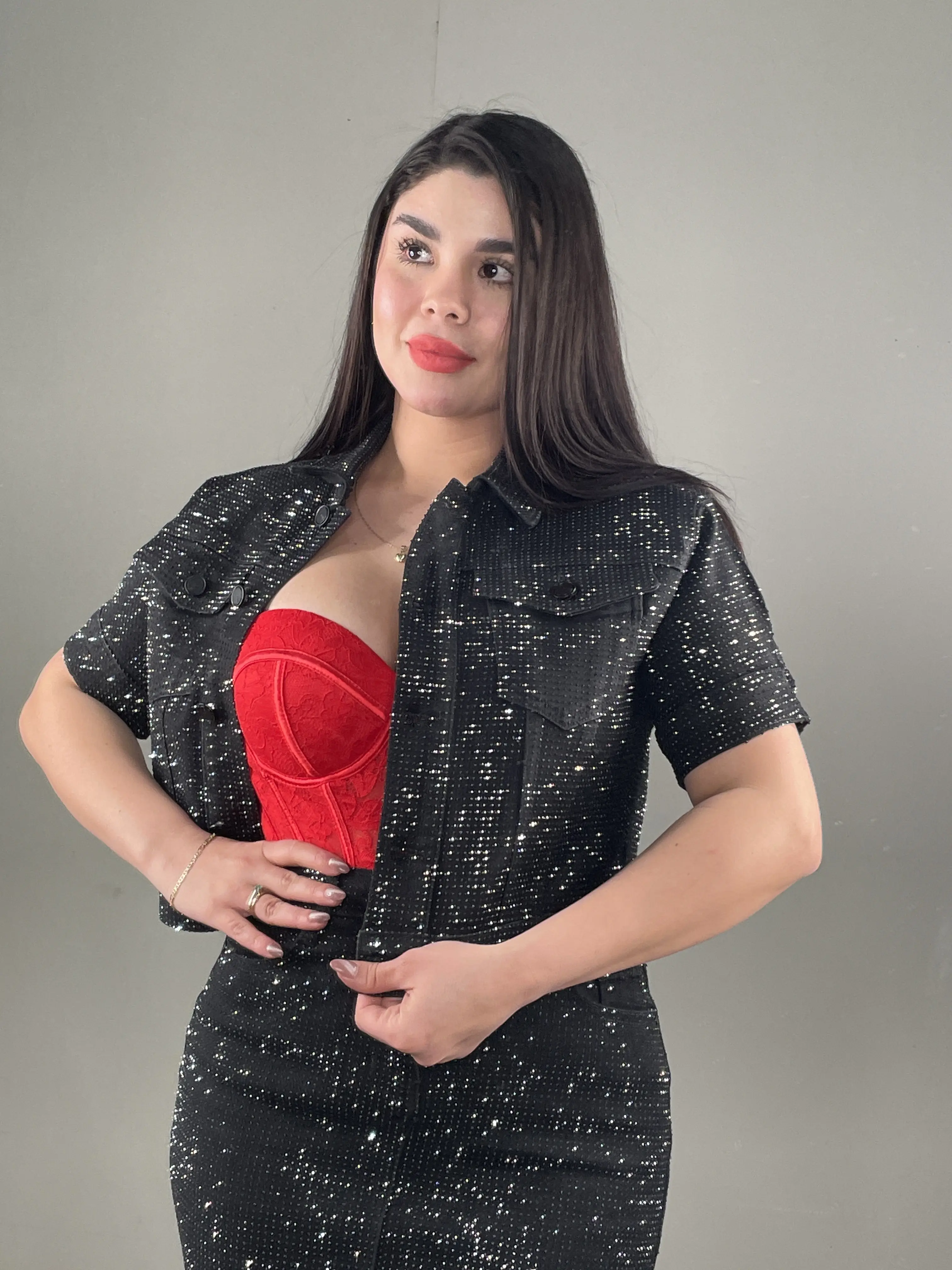 Jackie's All Black Rhinestone Jacket - Denim Stretchy True To Size