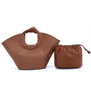 TSB Knot Handle 2N1 Tote with Drawstring Pouch, Plain Pattern - Cream