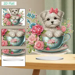 2D FLAT2D Flat Teacup Puppy Print DIY Diamond Painting Tabletop Ornaments Kit Table Top Diamond Painting Ornament Kits for Home Office Desktop DecorDIY Diamond Painting Kit for Adults & Beginners, Sparkling Art & Perfect Festive Gift