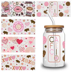 5 Sheets Heart Pattern UV DTF Stickers Mug Decoration Gift Flowers for 16 oz Tumbler Plastic Household UV DTF Transfer Stickers for Glass Cups