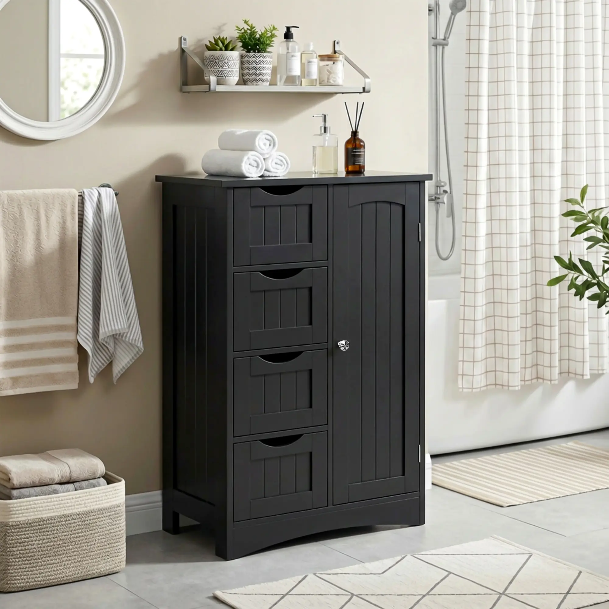 JupiterForce Aesthetic MDF Wood Freestanding Sturdy Floor Cabinet Dresser - 22x11.8x32in Single Unit, 1 Drawer, Modern Design, Anti-Tipping, Quick-Assembly Required, Space-Saving Organizer for Bathroom Storage Solutions & Drawer Organization