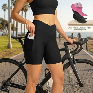 Women's 4D Padded Cycling Bike Shorts with Crossover Waist and Pockets - Breathable Compression Athletic Biking Shorts for Bicycle Riding, Gym Workout, Fitness Training, Comfortable High-Waisted Design Perfect for Sports Activities