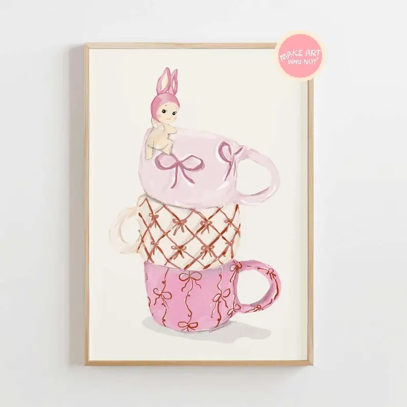Poster Unframed able Poster Unframed  Art Pink  | Cherub Bunny Aesthetic Cute Girlie Girl Coffee Matcha Station Cup Mug Ceramic Bow Ribbon