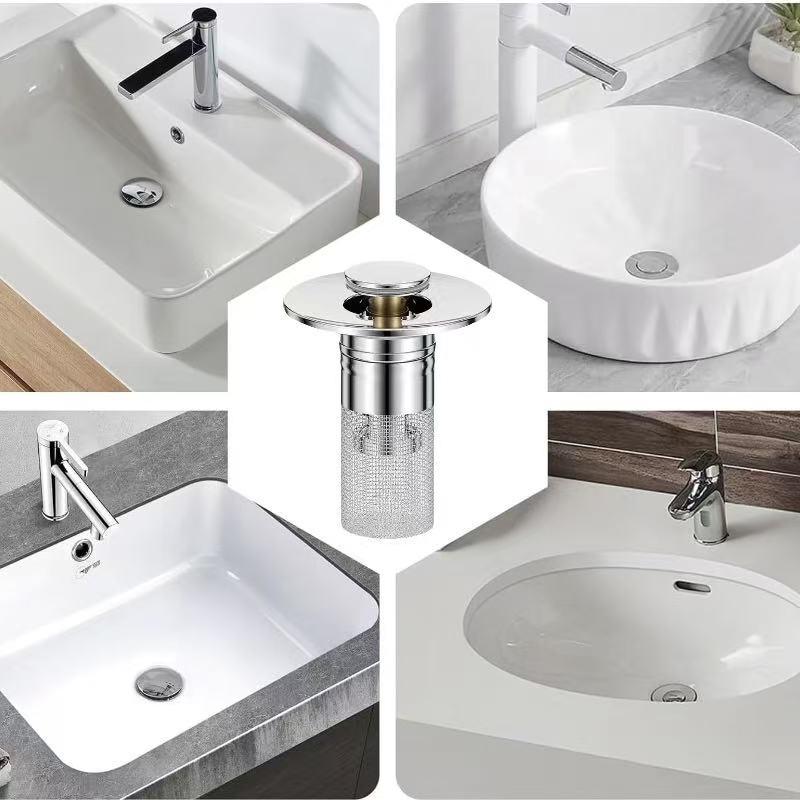 Bathroom Sink Stopper Hair Catcher,Pop-Up Bathroom Sink Drain Strainer with Removable Stainless Steel Filter Basket, Universal Sink Stopper for Bathroom & Kitchen,Modern Anti-Odor,Brass Core,Easy Installation,Drainage Function