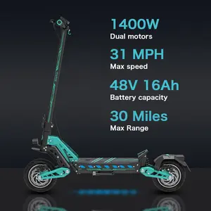Single Motor Off-Road Adult Scooter with Seat - 48V 16Ah, 31MPH, 31 Mile Range, 1400W Peak Power, 10" Tires, Dual Shock Absorbers, Smart LCD Display, UL2272 Certified, Sporty Electric Scooter