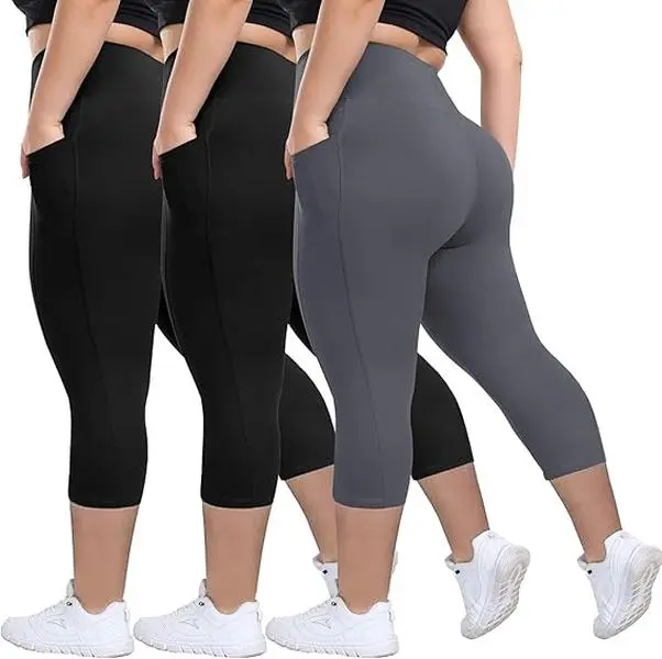 Women's Plus Size Capri Leggings 3-Pack - High Waist Tummy Control Slim Fit Capri Cut Stretch Fabric Polyester Women's Clothes, Gym Activewear Bottoms (1X-5X)