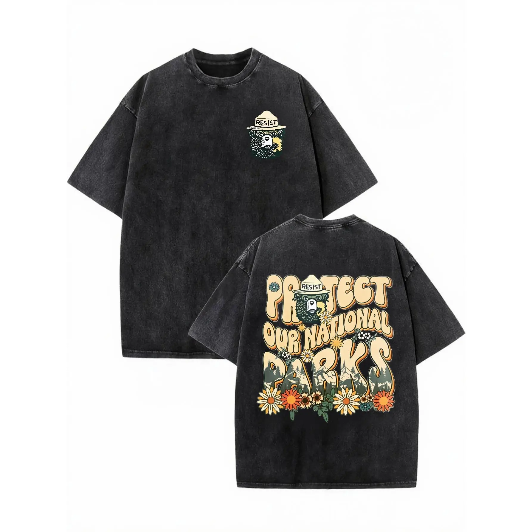 230g Vintage Washed Shirt for Women and Men, Defend Our National Park Printed T-Shirt With Little Bear, High-Quality Printed Cotton Retro Fashion Brand T-Shirt, Beach Essential, Men's Summer T-Shirt, Holiday Gift, Perfect Gift
