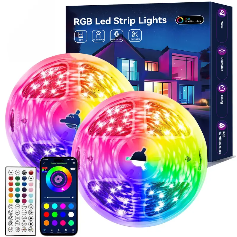 RGB Smart LED Strip Lights (9.84FT/33FT/50FT/100FT) - Gradient Dimmable, Cool, Vibrant Lighting, App Control, Music Sync, Timer, Flexible Adhesive, Bedroom Lights, House Decor, Home Improvement Gift, Rgb Cool Lights