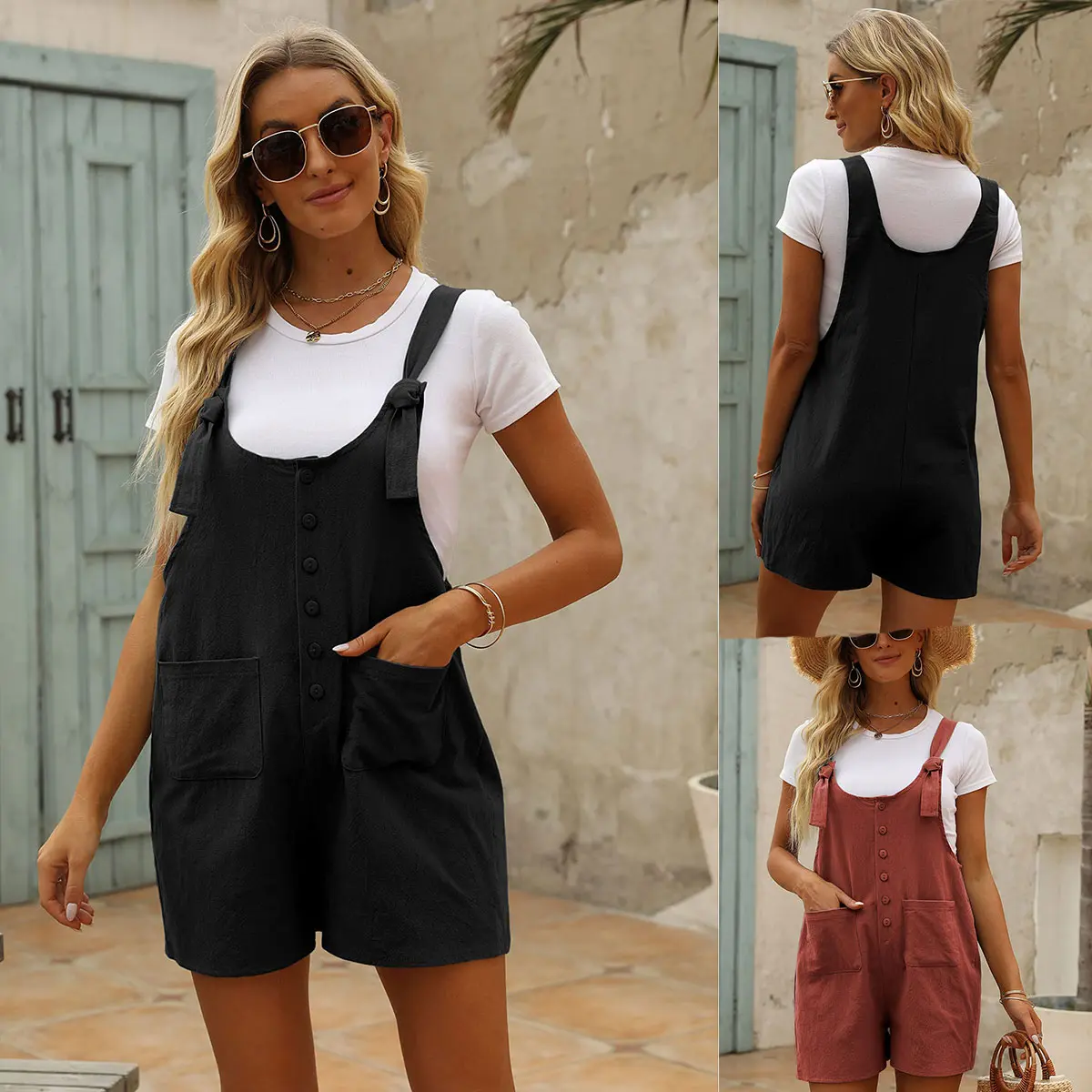 SCUSTY Women's Casual Summer Cotton Linen Rompers Overalls Jumpsuit Shorts