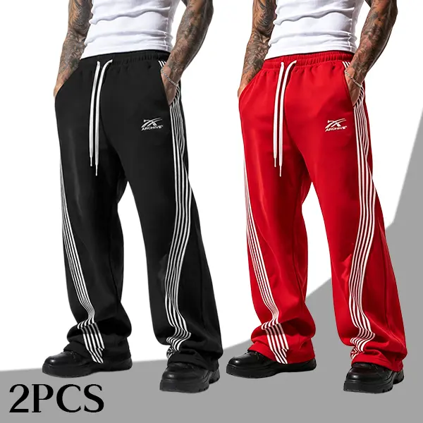 Men’s two-pack classic American joggers with contrasting side stripes, floor-length, elastic waistband, pocket design, street-style trendy and versatile casual long pants