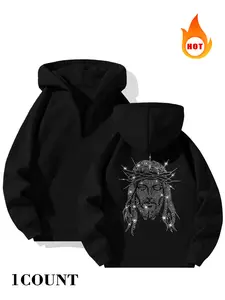 Men's Spring Fall Hoodie, Sparkle Religious Jesus Print Half-Zip Hooded Sweatshirt, Casual Loose-Fitting Long Top for All Seasons