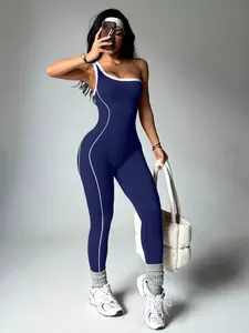 Women's Colorblock Asymmetrical Shoulder Sleeveless Knit Yoga Jumpsuit, Workout Jumpsuits, Sportswear Jumpsuits, Sporty Casual Fashion for Spring Summer, Home Commute Wear