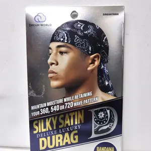 Dream World Silky Satin Deluxe Luxury Durag Bandana Doo Rag Cap Headwraps for 360 Waves Men's Women's with Long Tail and Wide Straps