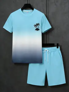 Men's Gradient Palm Tree Print T-Shirt and Shorts Set - Casual Summer Two Piece Outfit