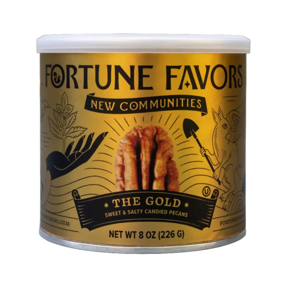 Fortune Favors Candied Pecans, Sweet and Salty Snack, Hand Crafted in Small Batches, USA-Grown (8oz, Gold)