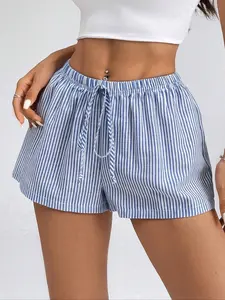 Women's Striped Low-Rise Elastic Waist Shorts for Summer Vacation Beach, Casual Loose-Fit Design, Moderate Fabric Thickness, Perfect for Hot Weather, Drawstring Shorts