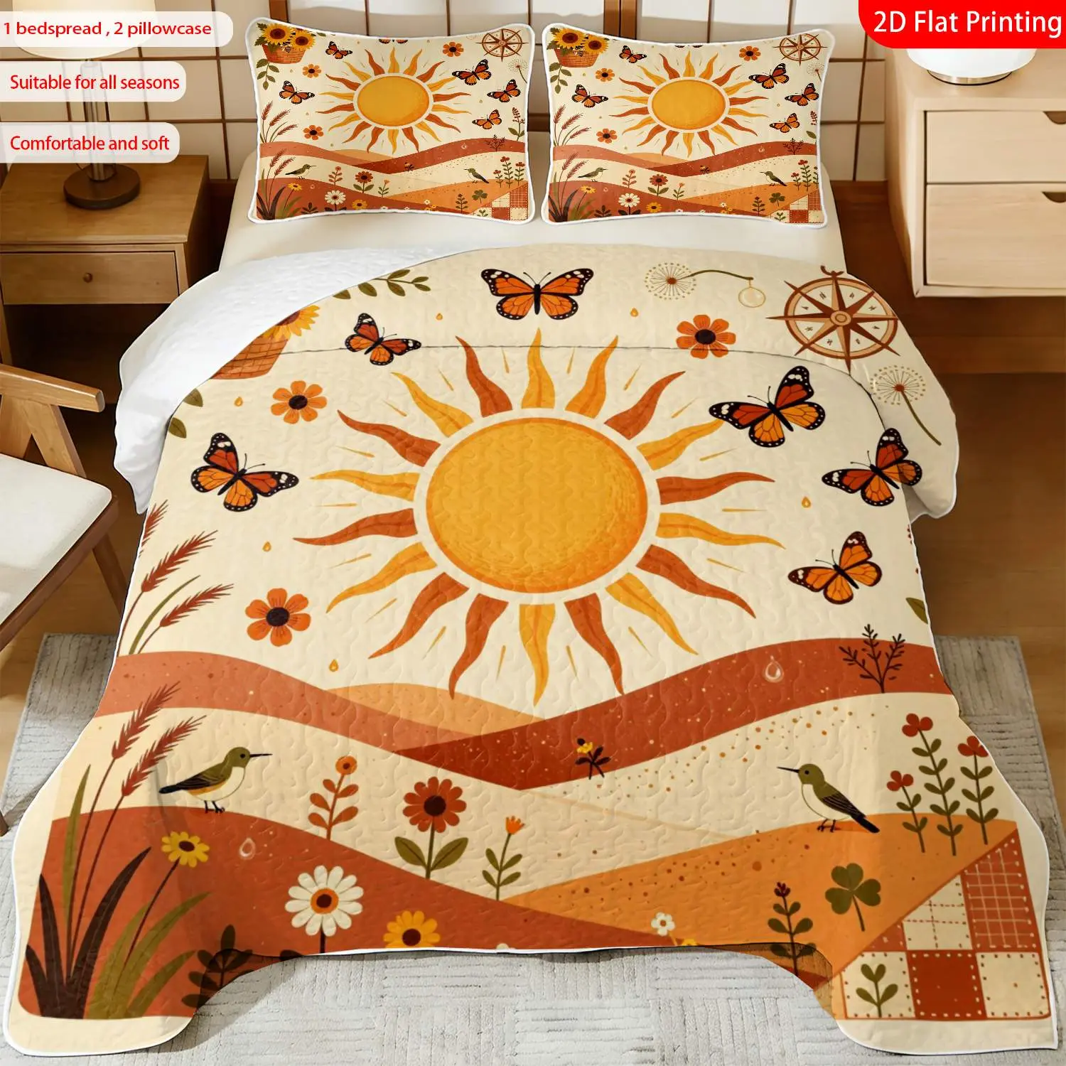 3pcs, 2D Flat Print Boho Sunflower Bedspread Set, Summer Floral Butterfly Theme, Multiple Sizes Available, Bedding Set, Festive Decorative Bedding, Ideal for Bedroom Décor(1 bedspread , 2 pillowcase)