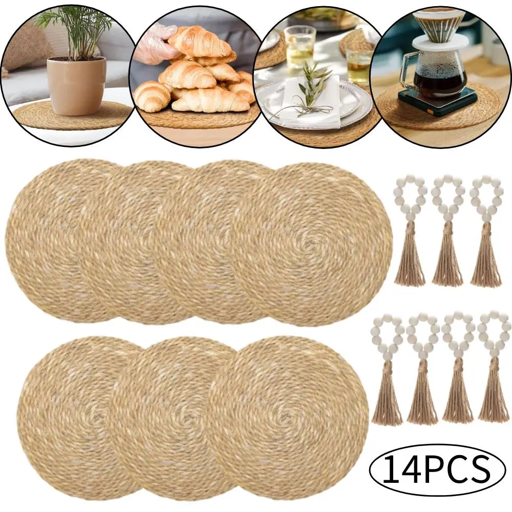 14PCS Sturdy Rattan Weave Placemats - 13.8" Natural Water Hyacinth Round Placemats with Wooden Beads Napkin Rings, Mold-Resistant, Natural Look for Kitchen Dining Table Top Decor (Wedding & Daily Use)