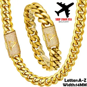 14MM Initial Letter A-Z Name Necklace Bracelet Set For Men Gift Stainless Steel Jewelry Miami Cuban Link Chain Hip Hop Style 18K Gold Plated