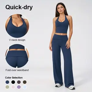 Women’s 2-piece sports set from the nylon–spandex stretch series featuring a solid-color tank top and flared pants. It showcases back lines, is comfortable, quick-drying, and breathable—ideal for casual wear, sports, fitness, and yoga training.