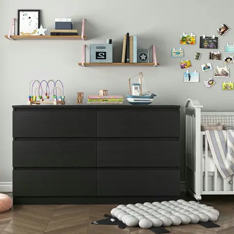 Spaco 6-Drawer Double Bedroom Dresser - Black Particle Board Cupboard Cabinet, Sturdy Modern Sideboard Buffet with Spacious Storage, 44 lbs per Drawer, Built-in Anti-Tip Device, 47.24”(w)x15.75”(d)x27.95”(h), Assembly Required, Home Decor Piece