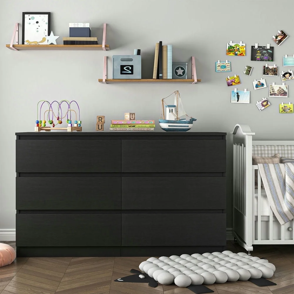 Spaco 6 Drawer Double Dresser for Bedroom, Black Chest of Drawer, Modern Storage Cabinet for Living Room, Nursery Dresser