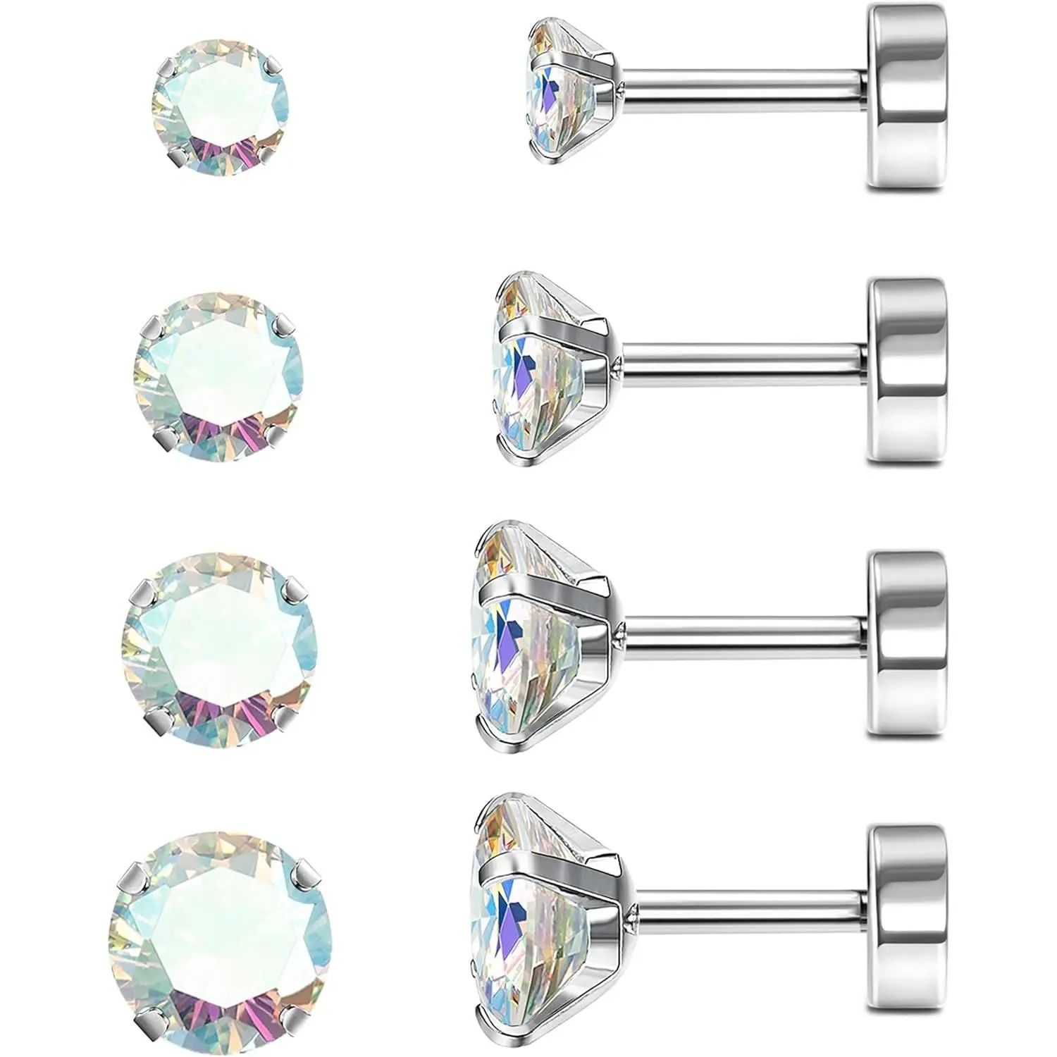 YADOCA G23 Titanium Flat Back Stud Earrings, 4-Pair Unisex Multi-Size Set (2-5mm), Waterproof & Hypoallergenic for Everyday Wear, 20G for Cartilage & Helix Fit, Pure Titanium, All Seasons, 0.8Mm Rod Thickness, 5Mm Flat Back Diameter