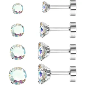 YADOCA G23 Titanium Hypoallergenic Flat Back Cubic Zirconia Stud Earrings for Women Men - Silver Helix Cartilage Tragus Sleeper for Multiple Piercings (4 Pairs)