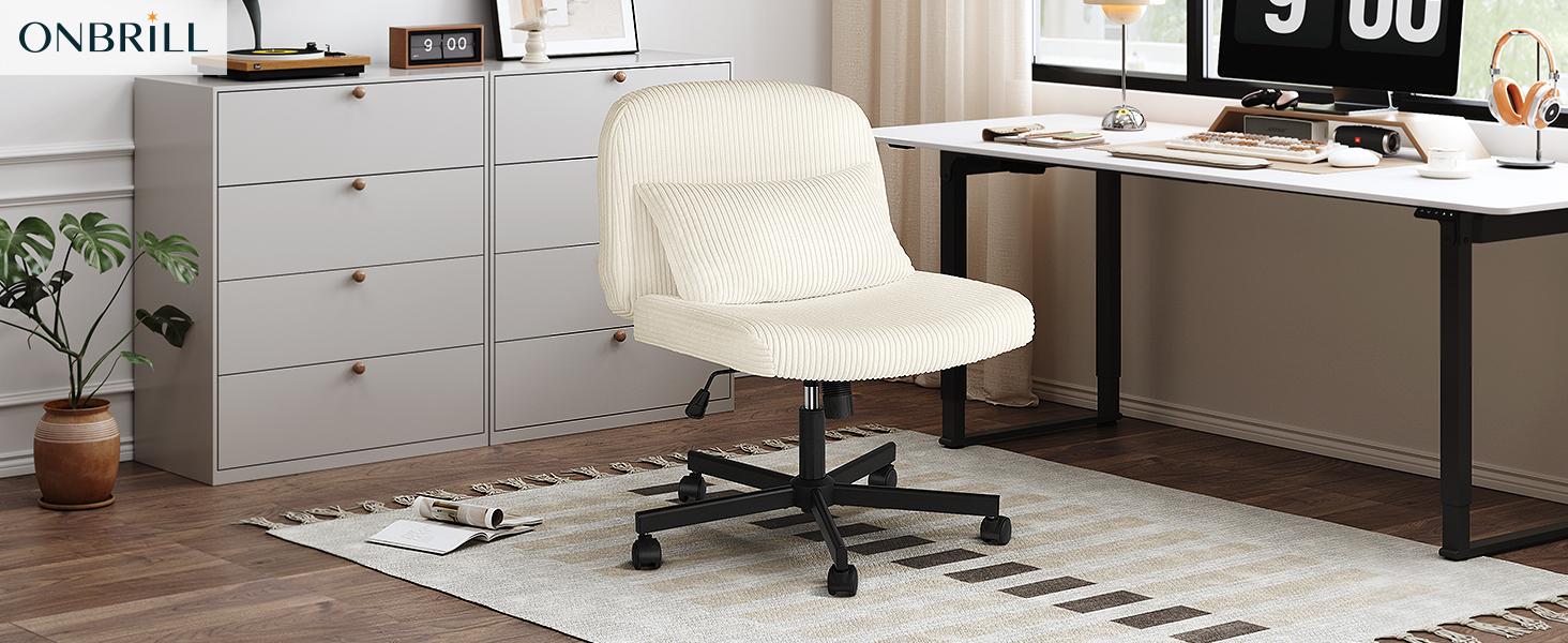 【Massage & Cozy Cushion】ONBRILL Criss Cross Chair with Wheels, Massage Cross Legged Office Chair with Double Layer Sponge Cushion, Corduroy Wide Armless Office Desk Chair Mid Back Swivel Vanity Chair for Home Office, Bedroom Furniture